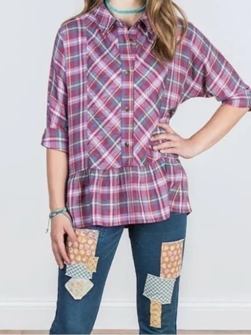 👗Matilda Jane Plaid Button-Up Peplum Shirt in Pink and Blue